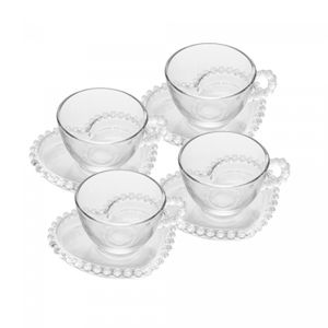 Conjunto 4 Xícaras de Chá de Cristal com Pires Coração Pearl 180ml - Wolff