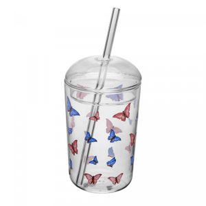 Copo de Vidro Borossilicato com Tampa e Canudo Butterfly 450ml - Wolff