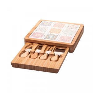 Conjunto 6 Peças para Queijo com Bandeja de Bambu e Tábua Ladrilho 23x23x4cm - Wolff