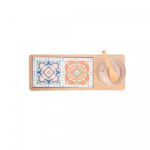 Conjunto 4 Peças Petisqueira Vidro com Colher Bandeja de Bambu e Tábua Ladrilho 32x12x5,5cm - Wolff