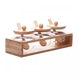 Conjunto 3 Potes em Borossilicato com Tampa Hermética, Colher e Rack em Bambu 280ml - Wolff