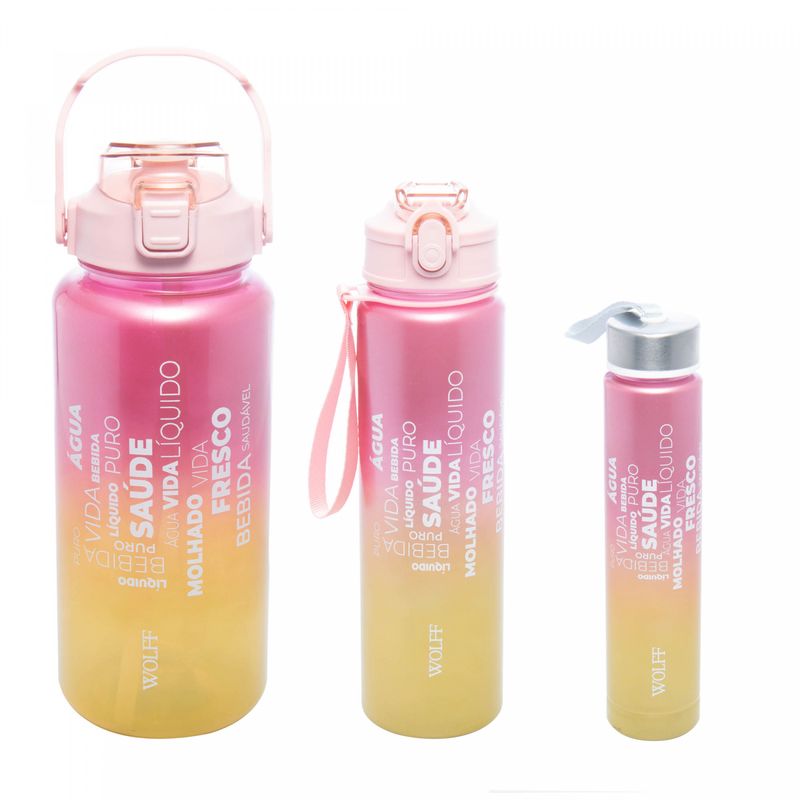 Conjunto-3-Garrafas-Squeeze-de-Policarbonato-Degrade-Cintilante-Rosa-Wolff