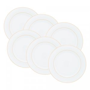 Conjunto 6 Pratos para Sobremesa de Porcelana com Fio de Ouro Mônaco Branco 19cm x 2cm - Wolff