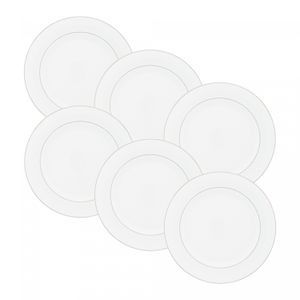 Conjunto 6 Pratos para Sobremesa de Porcelana com Borda Prateada Mônaco Branco 19cm x 2cm - Wolff