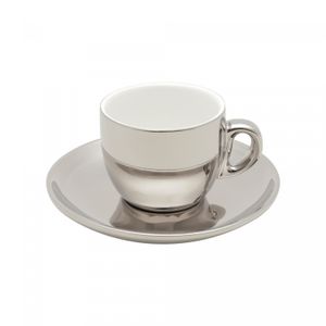 Conjunto 6 Xícaras de Café com Pires de Porcelana e Suporte Versa Prata/Branco 90ml - Wolff