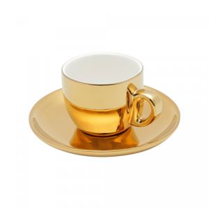 Conjunto 6 Xícaras de Café de Porcelana com Pires e Suporte Versa Dourado/Branco 90ml - Wolff