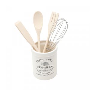 Conjunto 4 Utensílios para Cozinha com Suporte de Cerâmica Branco - Wolff