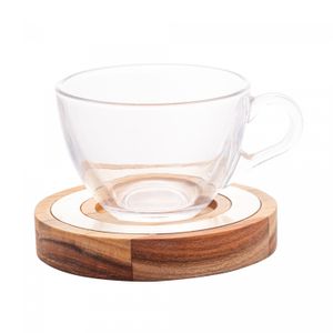 Conjunto 6 Xícaras de Cristal de Chá com Pires de Madeira e Aço Inox Teca Champanhe 190ml - WolffCraft
