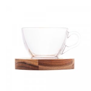 Conjunto 6 Xícaras de Cristal de Chá com Pires de Madeira e Aço Inox Teca Champanhe 190ml - WolffCraft