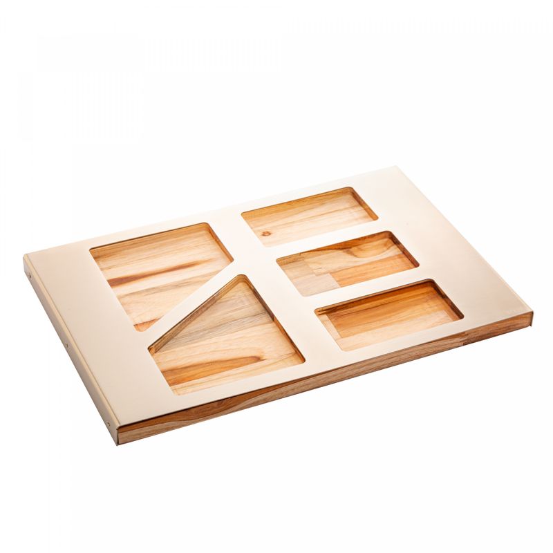 Petisqueira-de-Madeira-com-Aco-Inox-Teca-Champanhe-455cm-x-30cm-Wolff-Craft
