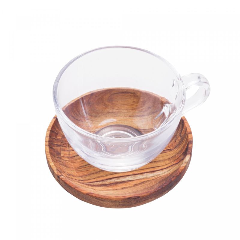 Conjunto-6-Xicaras-de-Cha-de-Cristal-com-Pires-em-Madeira-Teca-190ml-Woodart
