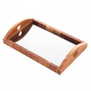 Bandeja de Madeira com Espelho Teca Coração Black 36cm x 23cm x 7cm - Woodart