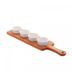 Tábua de Madeira Teca com 4 Petisqueiras em Porcelana 48cm x 13cm x 5cm - Wolff Craft