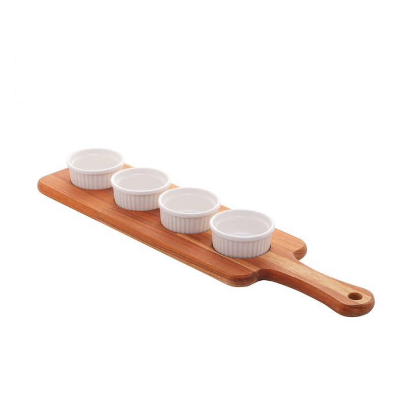 Tabua-de-Madeira-Teca-com-4-Petisqueiras-em-Porcelana-48cm-x-13cm-x-5cm-Wolff-Craft