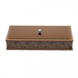 Caixa de Madeira com Tampa em Vidro Bisotê Acobreado Flores 34cm x 16cm x 7,5cm - Woodart