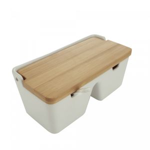 Saleiro de Mesa com 2 Divisórias de Cerâmica e Tampa de Bambu e Colher Bianco 20cm x 9cm - Lyor