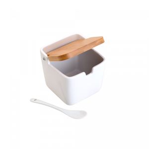 Saleiro de Mesa de Cerâmica com Tampa de Bambu e Colher Bianco 11cm x 10,5cm - Lyor