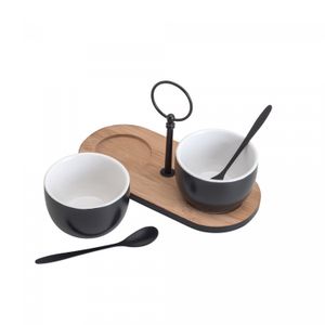 Conjunto Bandeja de Bambu com 2 Molheiras de Cerâmica e 2 Colheres de Aço Inox 20cm x 9,5cm - Lyor