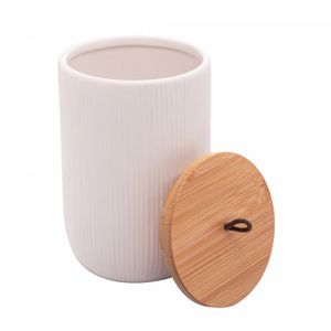 Potiche de Cerâmica com Tampa de Bambu e Pegador de Corda Lines Branco 10cm x 10cm x 15cm - Lyor