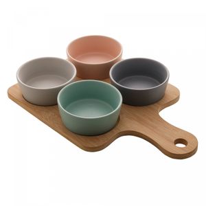 Conjunto de Petisqueira com Bandeja de Bambu e 4 Potes de Cerâmica 21cm x 32cm - Lyor
