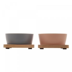 Conjunto de Petisqueira com 2 Bandejas de Bambu e 2 Potes de Cerâmica 10cm x 10cm - Lyor