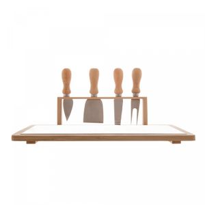 Conjunto Bandeja de Bambu e Cerâmica com 4 Peças para Queijo de Aço Inox com Cabo de Bambu 33cm x 26cm - Lyor