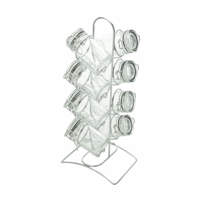 Conjunto-8-Potes-para-Temperos-de-Vidro-com-Tampa-Hermetica-e-Suporte-de-Metal-Cromado-Lyor