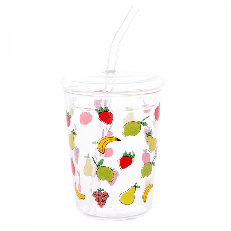 Copo-de-Vidro-Borossilicato-com-Tampa-e-Canudo-Fruits-360ml-Lyor