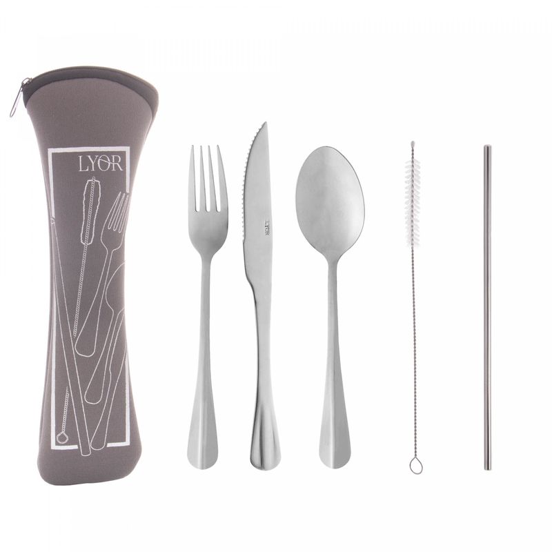 Conjunto-6-Pecas-Estojo-de-Neoprene-Cinza-com-3-Talheres-Positano-Canudo-e-Escovinha-Lyor