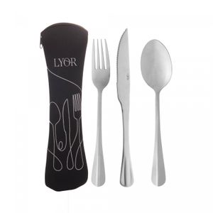Conjunto 4 peças Estojo de Neoprene Preto com 3 Talheres Positano Aço Inox - Lyor
