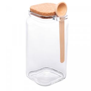 Pote Quadrado com Colher de Bambu e Tampa de Cortiça 1,15L Vidro - Lyor