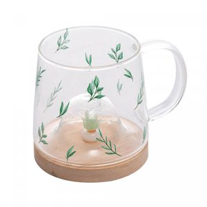 Caneca de Vidro Borossilicato Resistente ao Calor com Pires de Bambu Suculenta 330ml - Lyor