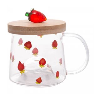 Caneca de Vidro Borossilicato  com Pires de Bambu Morango 330ml - Lyor