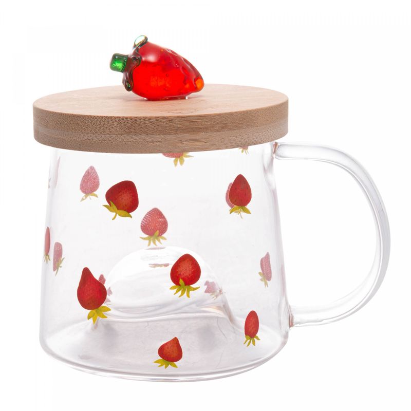 Caneca-de-Vidro-Borossilicato-Resistente-ao-Calor-com-Pires-de-Bambu-Morango-330ml-Lyor