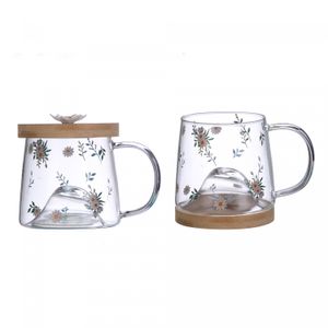Caneca de Vidro Borossilicato Resistente ao Calor com Pires de Bambu Daisy 330ml - Lyor