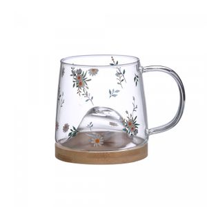 Caneca de Vidro Borossilicato Resistente ao Calor com Pires de Bambu Daisy 330ml - Lyor