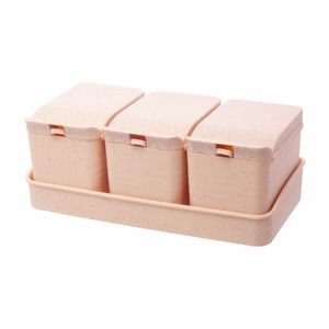 Conjunto 3 Porta Temperos de Bambu e PP com Colher e Bandeja Lines Rosa 10cm x 18cm x 7cm - Lyor