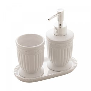 Conjunto 3 Peças para Banheiro de Cerâmica Greece Branco e Prata - Lyor