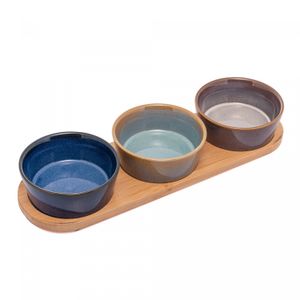 Conjunto 3 Petisqueiras de Cerâmica com Bandeja de Bambu 32cm x 9,5cm x 5cm - Lyor