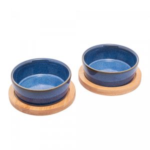 Conjunto 2 Petisqueiras de Cerâmica com 2 Bandejas de Bambu 20cm x 10cm x 3,5cm - Lyor