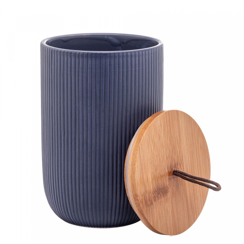Potiche-de-Ceramica-com-Tampa-de-Bambu-e-Pegador-de-Corda-Lines-Azul-Marinho-10cm-x-15cm-Lyor