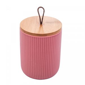 Potiche de Cerâmica com Tampa de Bambu e Pegador de Corda Lines Rosa 10cm x 12,5cm - Lyor