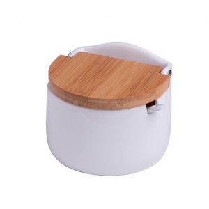 Saleiro de Mesa de Cerâmica com Tampa de Bambu e Colher Bianco 10cm x 9,5cm x 9,5cm - Lyor