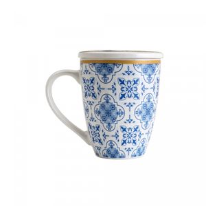Caneca de Porcelana Super White com Tampa e Filtro Lisboa Azul/Branca 340ml - Lyor