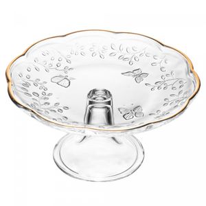 Prato para Bolo com Pé New Butterfly com Fio de Ouro 19cm x 9cm Cristal Ecológico - Lyor