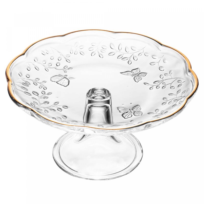 Prato-para-Bolo-com-Pe-New-Butterfly-com-Fio-de-Ouro-19cm-x-9cm-Cristal-Ecologico-Lyor