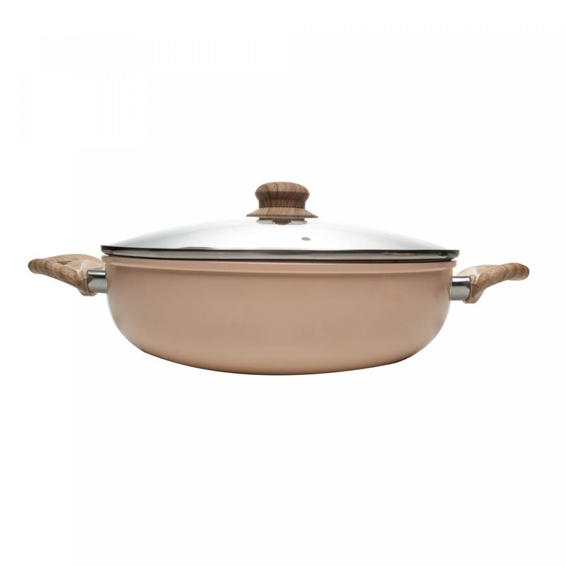 Wok-de-Inducao-com-Tampa-de-Vidro-Granito-Chef-28cm-Bege-Aluminio-com-Revestimento-Ceramico-Lyor