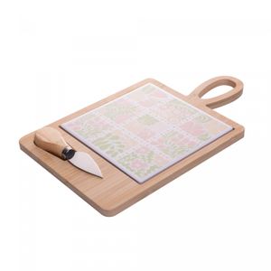 Conjunto 3 Peças para Queijo com Tábua e Faca Floral 30cm x 17cm x 2,5cm Bambu - Lyor