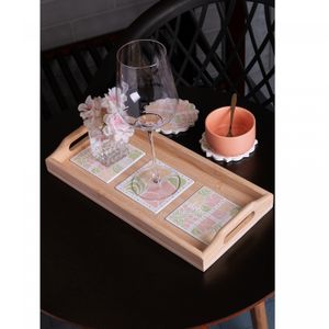 Bandeja com Alça e Fundo Cerâmica Floral 37cm x 18cm x 4,5cm Bambu - Lyor
