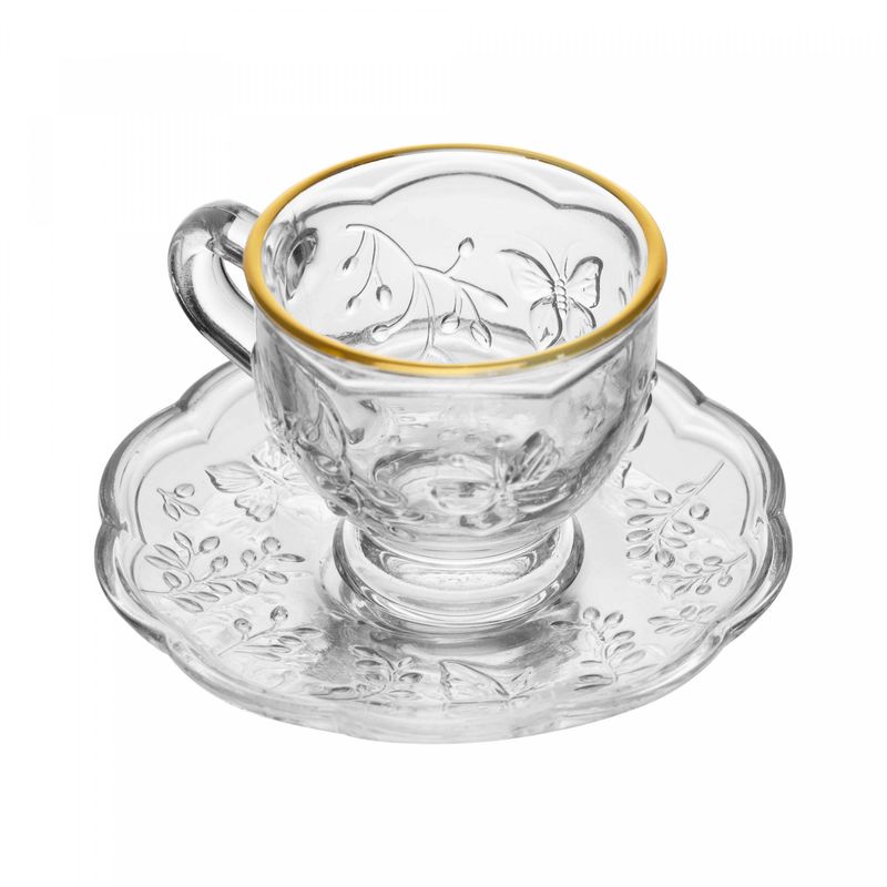 Xicara-de-Cha-com-Pires-New-Butterfly-com-Fio-de-Ouro-180ml-Cristal-Ecologico-Lyor